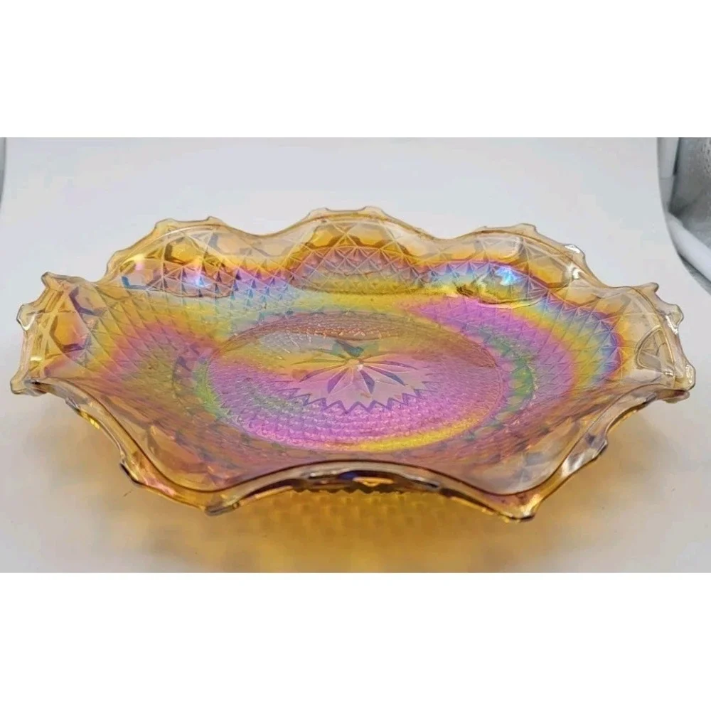 Vintage Indiana Glass Iridescent Gold‎ Amber Carnival Glass Hostess Plate 10